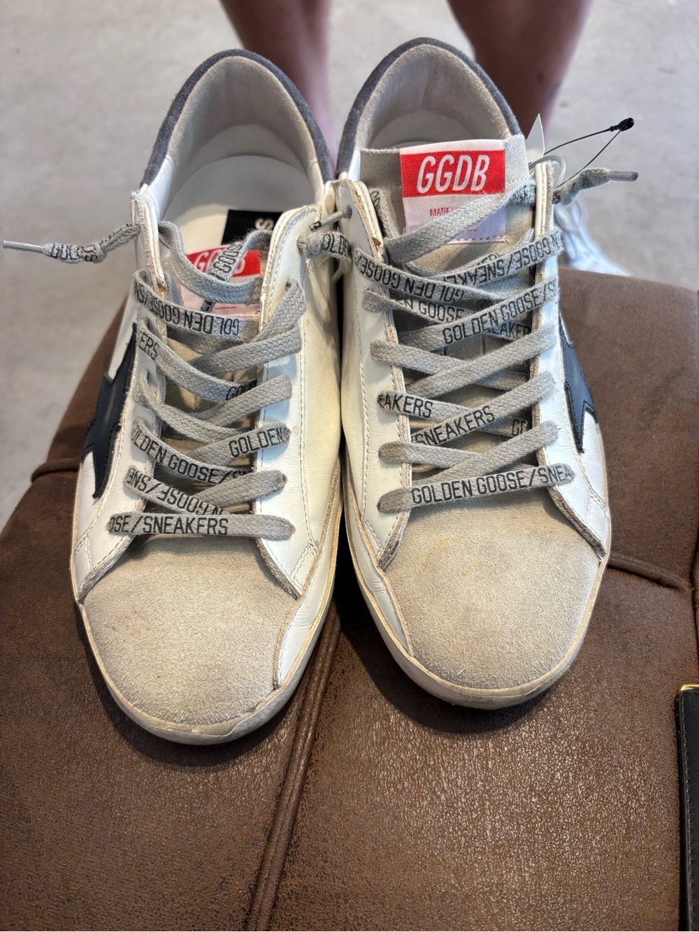 Golden Goose White, Gray & Black Superstar Sneakers with Red Tongue Tab